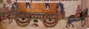 Covered wagon from the bottom of the Luttrel Psalter's Psalm 102.